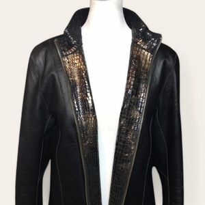 Chico’s Reversible Leather/Aligator Black/Gold Metallic Zip Front Jacket Size M